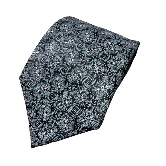 Ermenegildo Zegna Black Pink Floral Medallion Smooth Silk Neck Tie